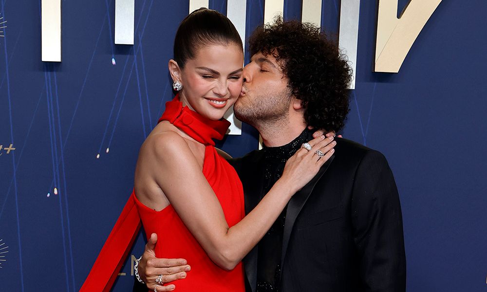 LOS ANGELES, CALIFORNIA - SEPTEMBER 14: (L-R) Selena Gomez and Benny Blanco attend the 77th Primetime Emmy Awards at Peacock Theater on September 14, 2025 in Los Angeles, California.