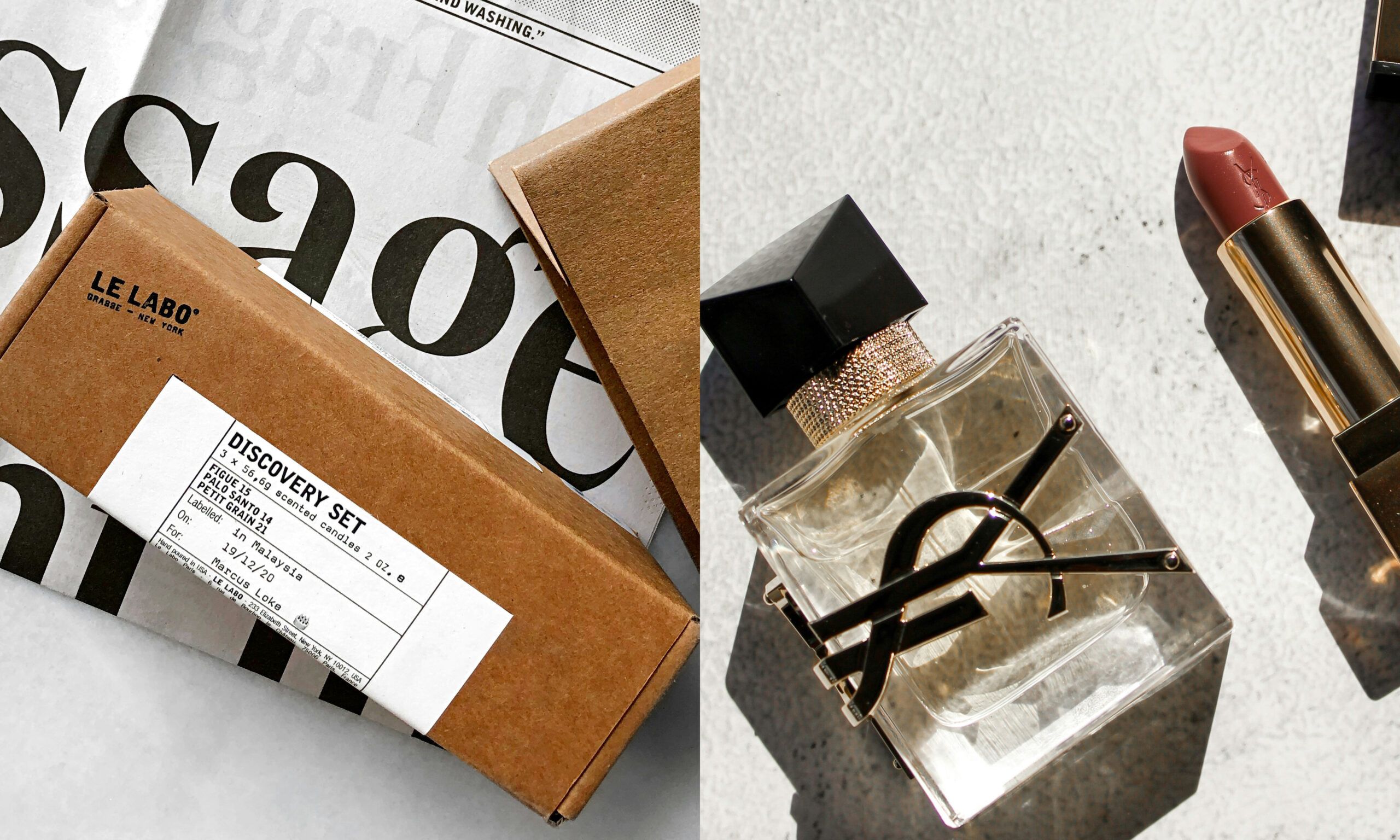 side by side images of Le Labo and YSL beauty products