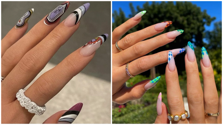 Two Kylie Jenner manicures by Chaun Peth—abstract stiletto nail art on the left, neon checkerboard almond nails on the right.