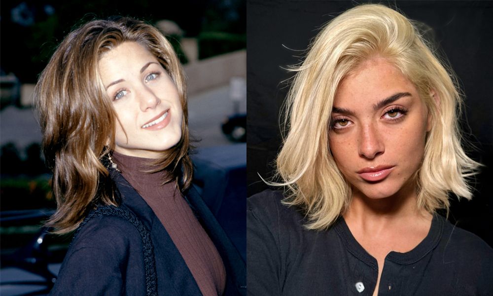 Jennifer Aniston in the 1990s and blonde-haired model with layered haircut