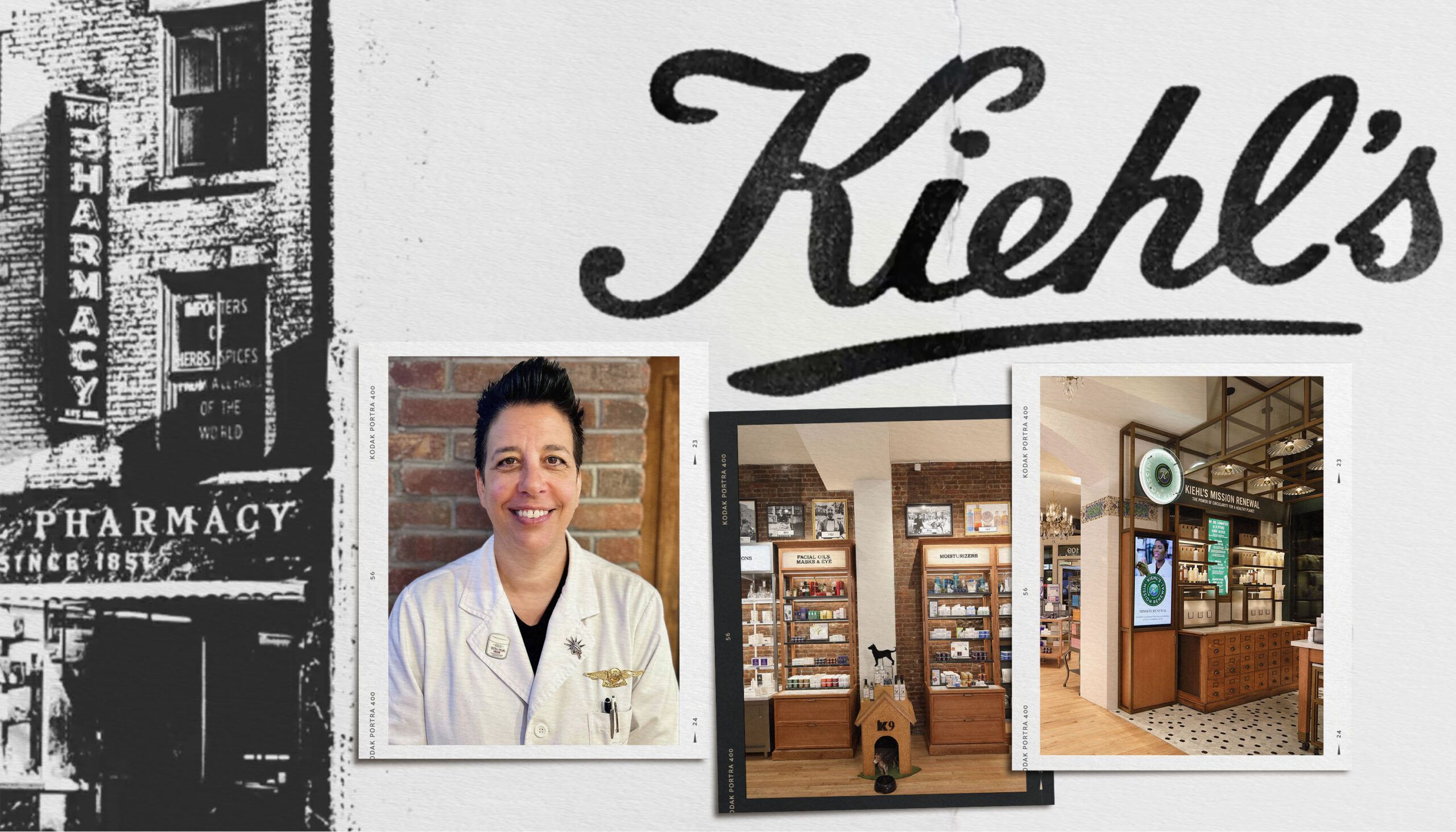 collage of images of Kiehl's stores and headshot of Kiehl's longtime employee