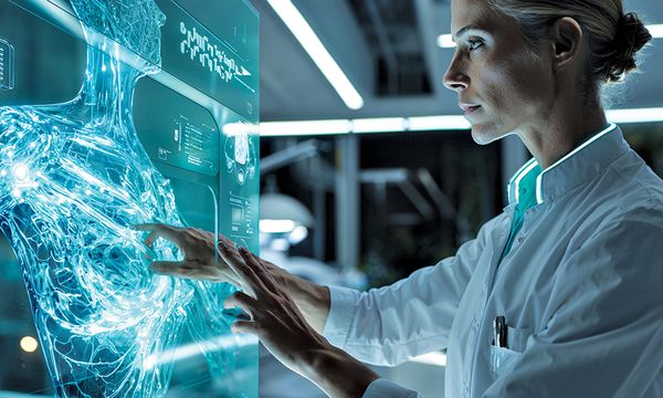 AI PROMPT: CINEMATIC EDITORIAL SHOT OF A FEMALE SURGEON WEARING A SMART WHITE LAB COAT WITH STANDING IN FRONT