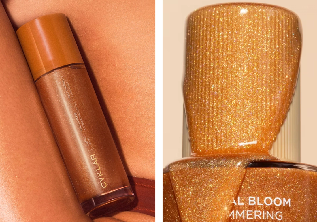 Cyklar Vanilla Verve Illuminating Body Oil and a gold shimmering body oil photographed against sun-kissed skin.