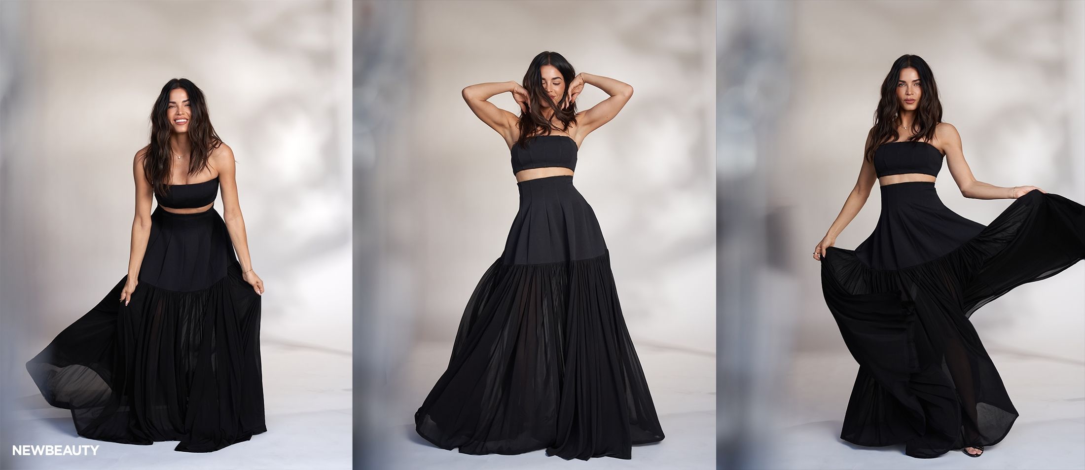 NewBeauty’s May digital cover star, Jenna Dewan, poses in a flowing black SIMKHAI two-piece look across three studio portraits, smiling, adjusting her hair and holding out the skirt.