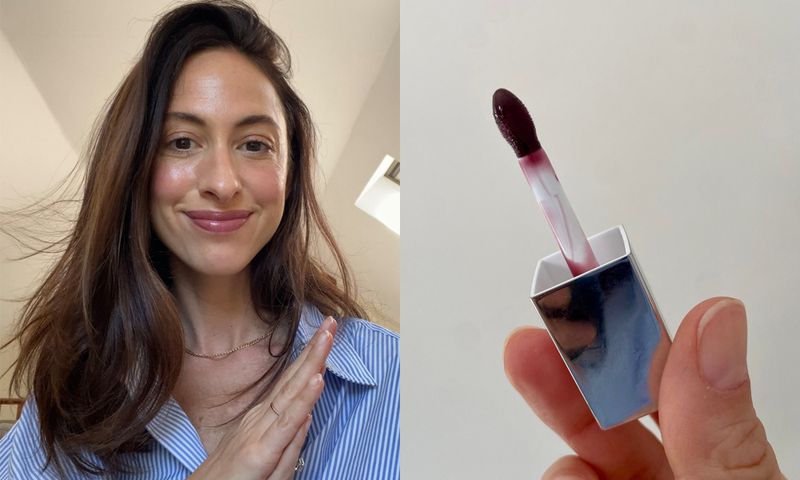 Side by side image of woman in blue collared shirt and lip gloss