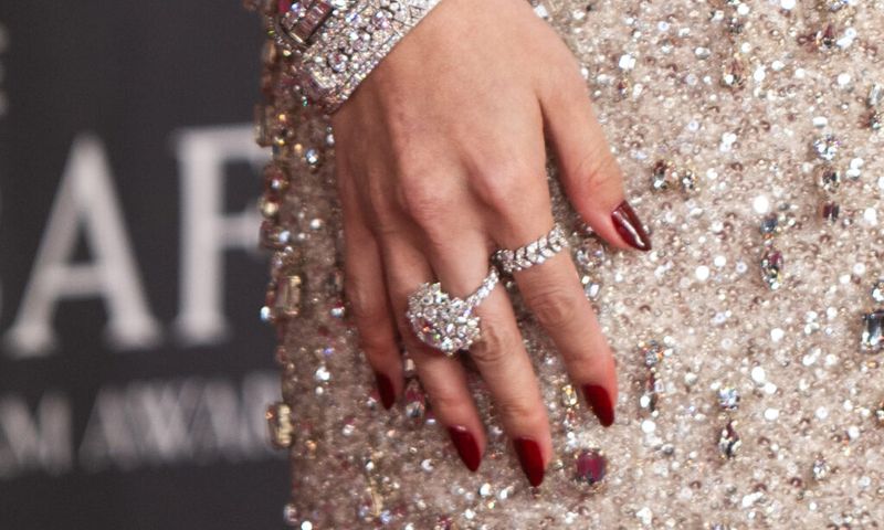 Selena Gomez, jewelry detail, attends the 2025 EE BAFTA Film Awards at The Royal Festival Hall on February 16, 2025 in London, England.