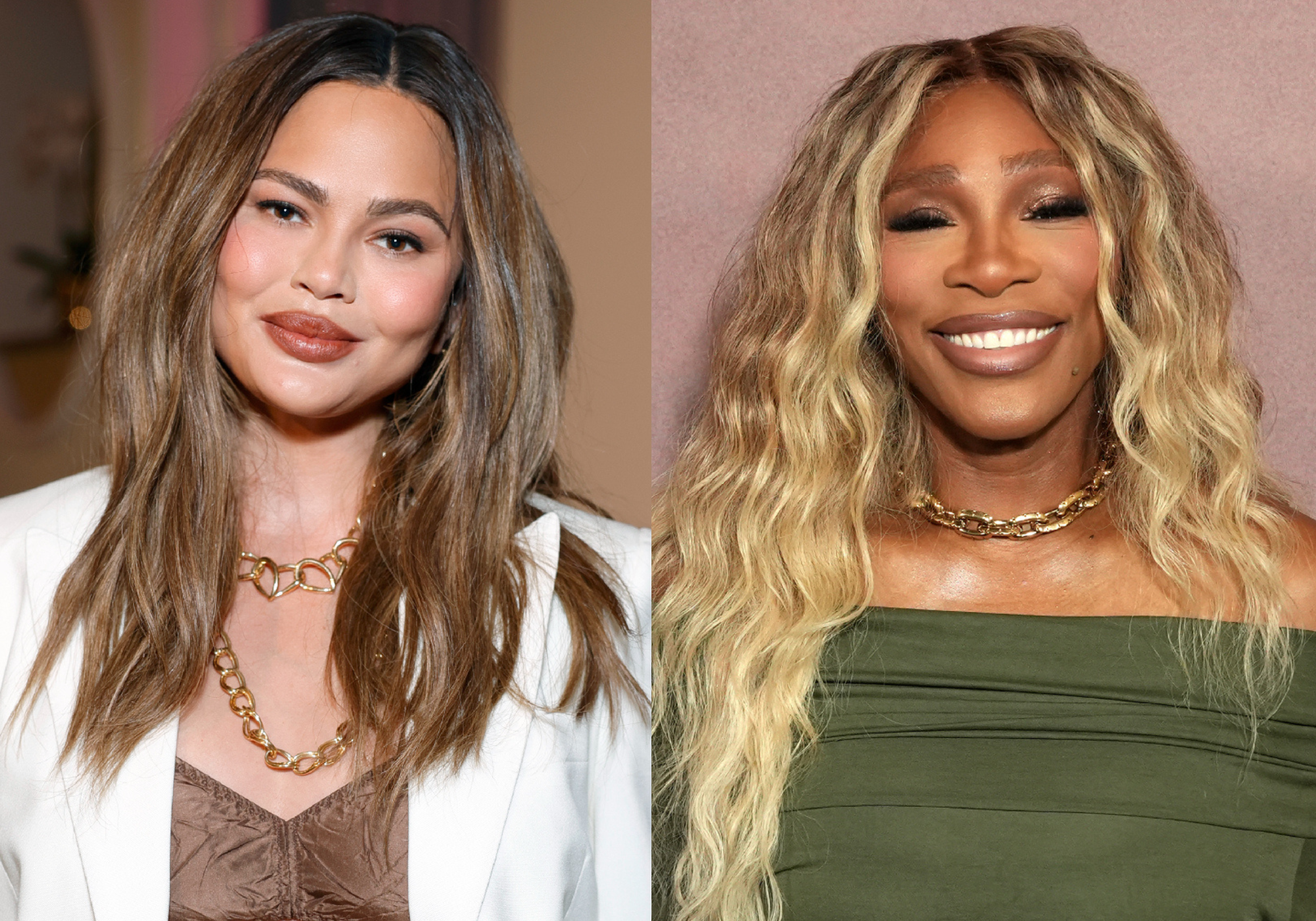 Side-by-side photos of Chrissy Teigen, left, wearing a white blazer and gold necklaces, and Serena Williams, right, wearing an olive off-the-shoulder top and a gold chain necklace, both smiling at red carpet events.