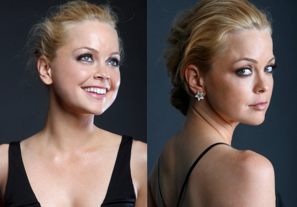 Side-by-side studio portraits of Marisa Coughlin in a black sleeveless dress, smiling and looking upward on the left and glancing over her shoulder with her hair in an updo and a star-shaped earring on the right.