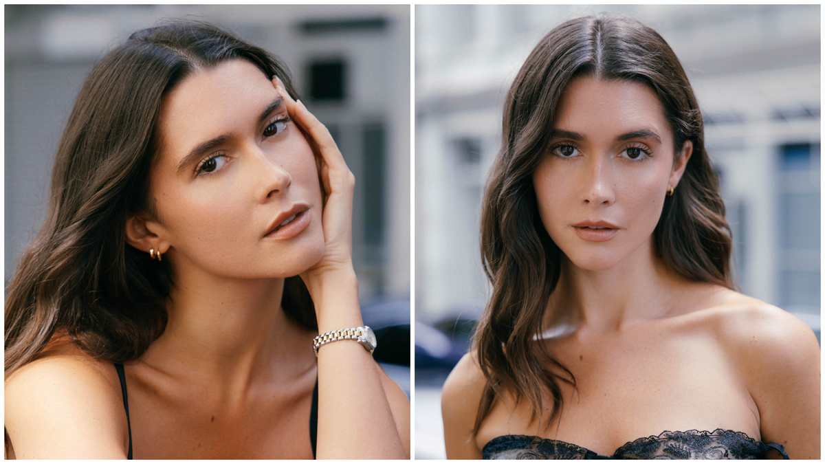 Side-by-side portraits of Chiara King with loose, dark brown waves, wearing a black top and soft, neutral makeup.