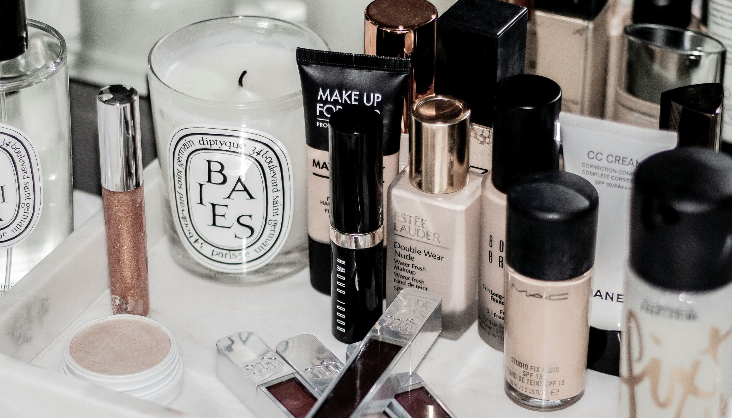 makeup counter with products