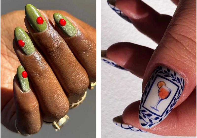 Cocktail nail art collage featuring olive green martini nails with 3D red olives and Aperol Spritz nails with blue and white Italian-inspired nail art
