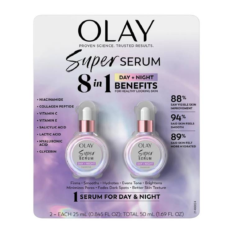 Olay Super Serum 2-pack at Costco showing two 25mL bottles with key ingredients niacinamide, collagen peptide, vitamin C, and hyaluronic acid