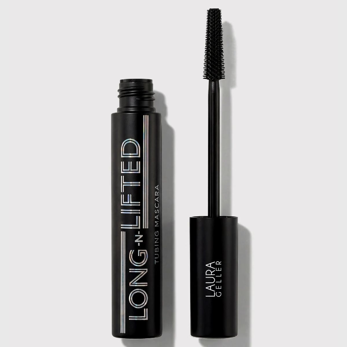 Laura Geller Long-n-Lifted Tubing Mascara with wand and tube shown against a neutral background, featured in the brand’s age-based sale.