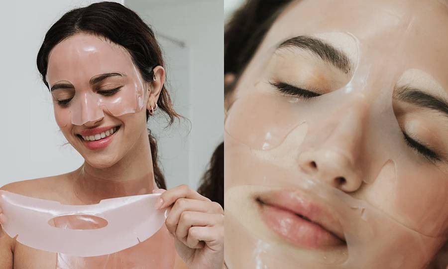 woman wearing karuna collagen gel sheet mask
