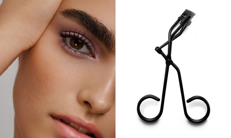 side by side image of close up of woman's eye and lash curler