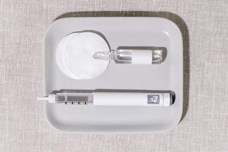 Medical Setup With Injection Pen, Glass Ampoule And Cotton Pads On Soft Fabric Background. Concept Of Home Beauty Treatments, Beauty Injection, Luxury Wellness Trends, And Skincare Innovation