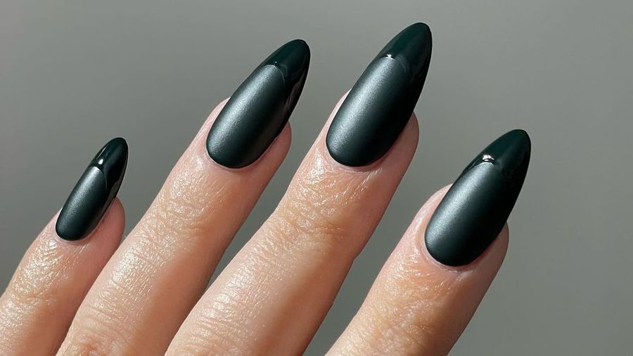 close up of matte green nails