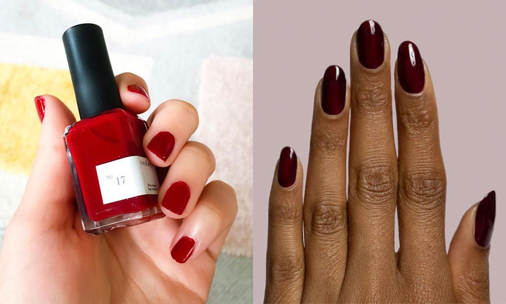 side-by-side photo of hands with nails painted