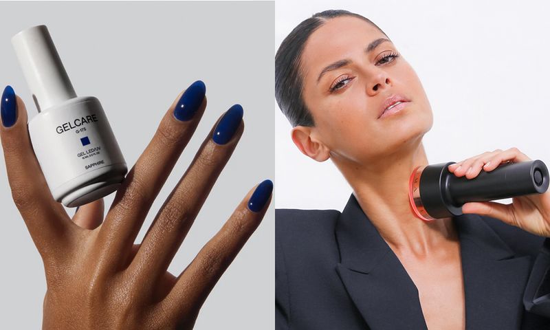 hand holding gelcare nail polish and woman using lyma laser on neck