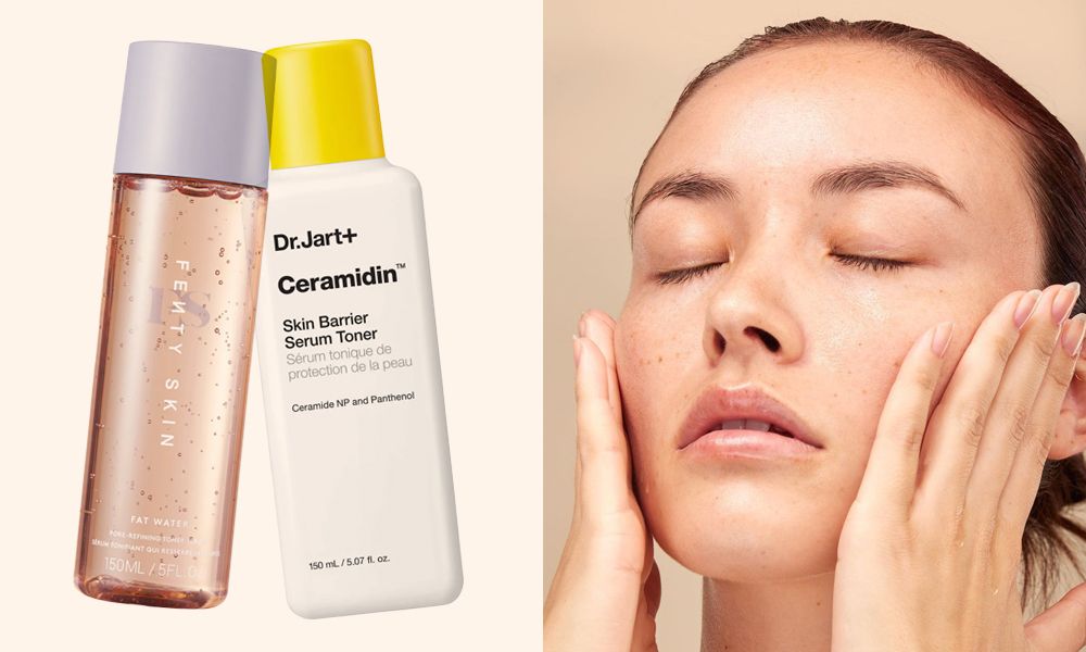 side by side images of serum toners and a close-up image of woman with eyes closed and hands on her cheeks