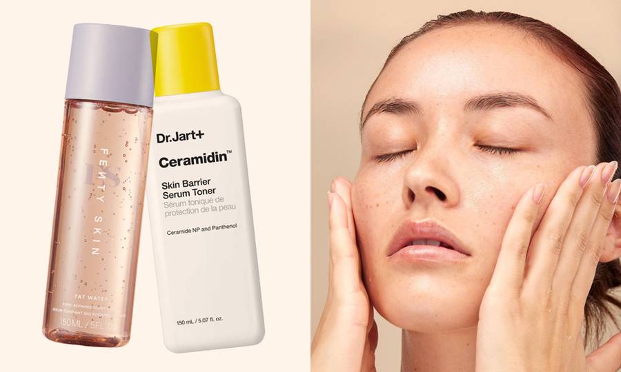 side by side images of serum toners and a close-up image of woman with eyes closed and hands on her cheeks