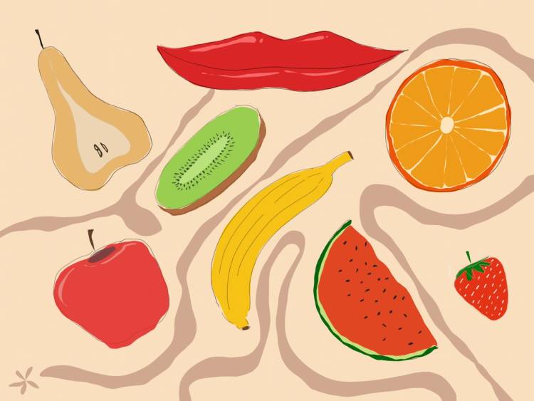 Illustrated fruits and red lips on a peach background.