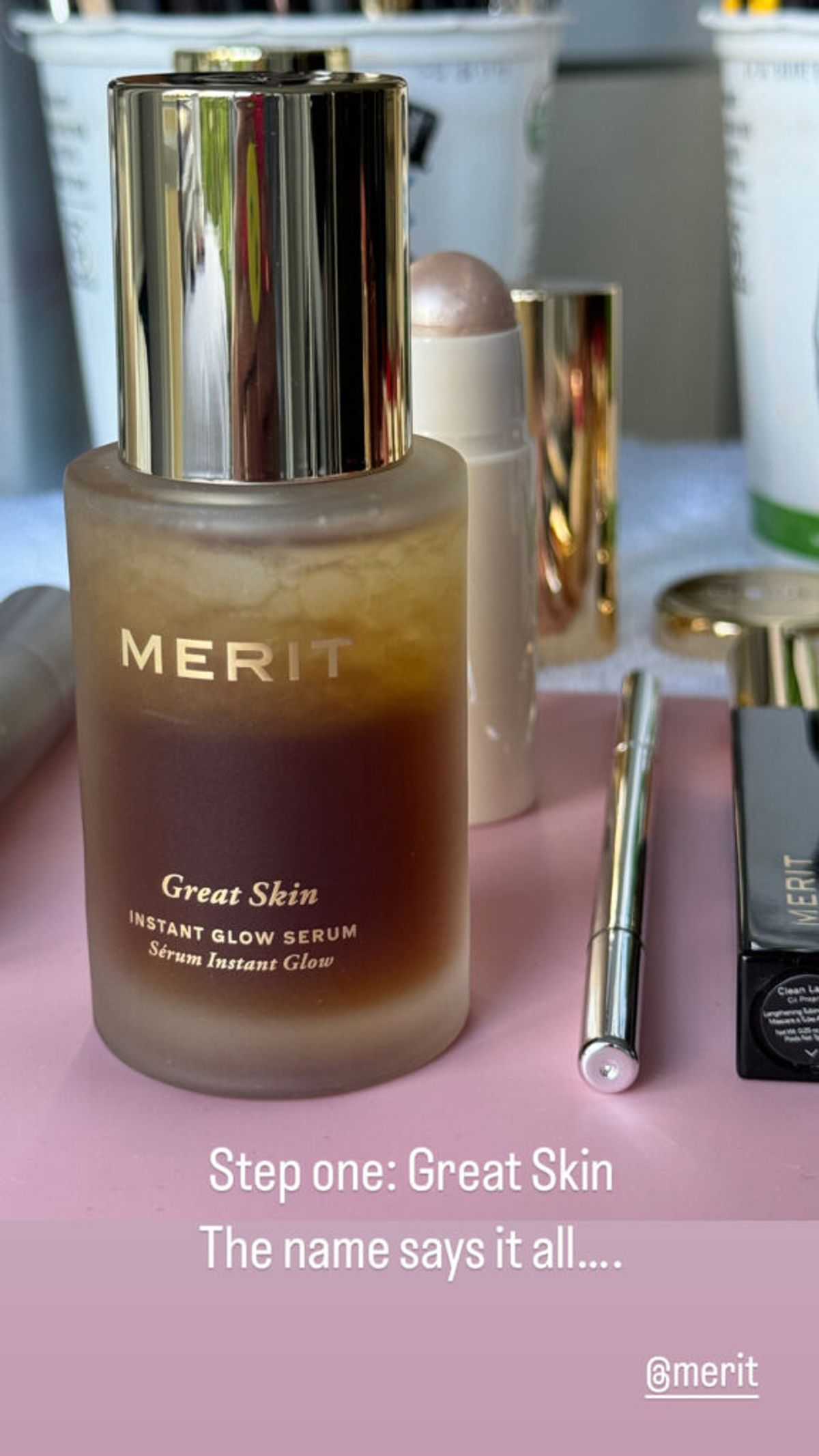 Merit Beauty products on vanity