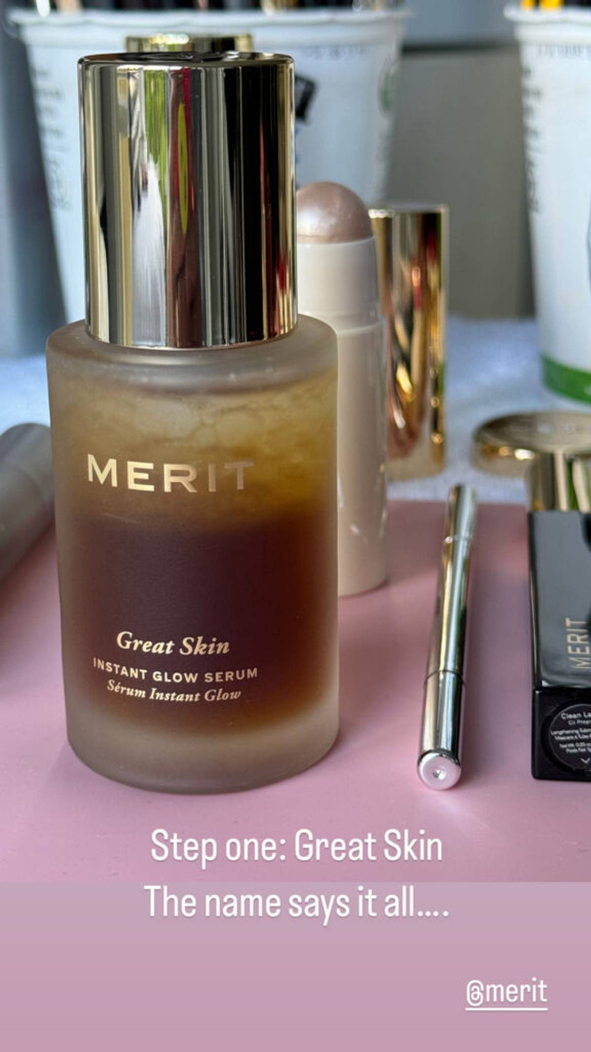 Merit Beauty products on vanity