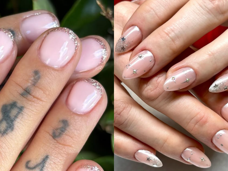 two side by side images of silver, sparkly new year's eve manicures
