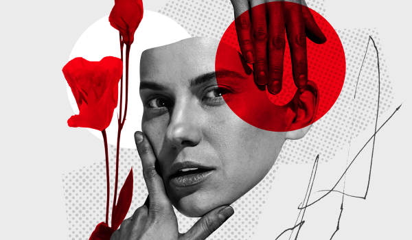 Collage of a woman's face cut out like a mask, with hands touching her chin and ear, surrounded by red flowers, a red circle and halftone dots.