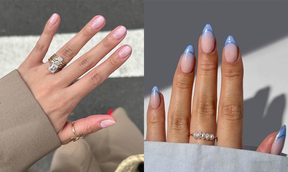 side by side images of manicured nails with neutral and blue nail polishes