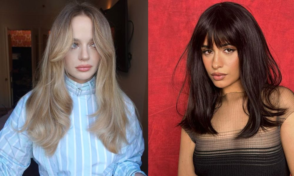 A collage of Joey King and Camila Cabello with bang hairstyles