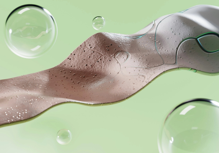 Abstract 3D render of a wavy strip of textured pink skin turning smooth and gray, with clear bubbles on a green background.