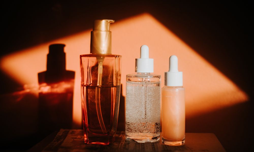 skin care cosmetic bottles casting shadows.