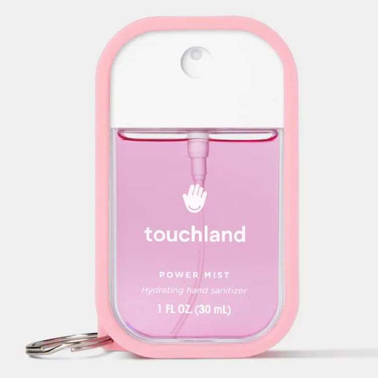 Touchland Power Mist hydrating hand sanitizer in silicone keychain case, travel-friendly bag charm accessory