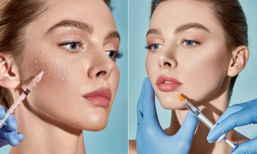 side by side images of woman getting cosmetic injections in her face