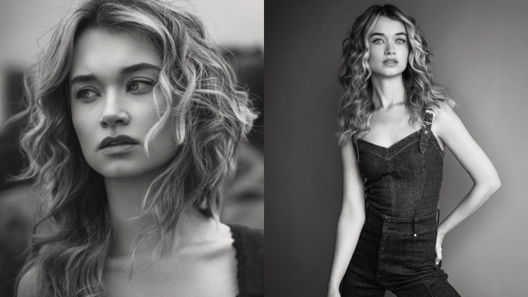 Side-by-side black-and-white portraits of Alison Thornton: a close-up gazing off to the side, and a standing shot in denim overalls.