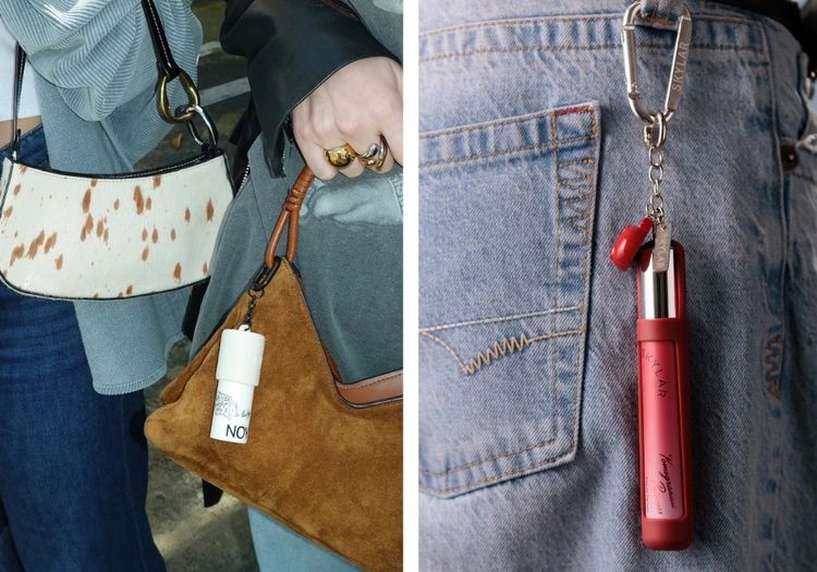 Side-by-side images of beauty products worn as keychains, including a solid fragrance attached to a handbag and a red travel perfume clipped to a jeans belt loop.