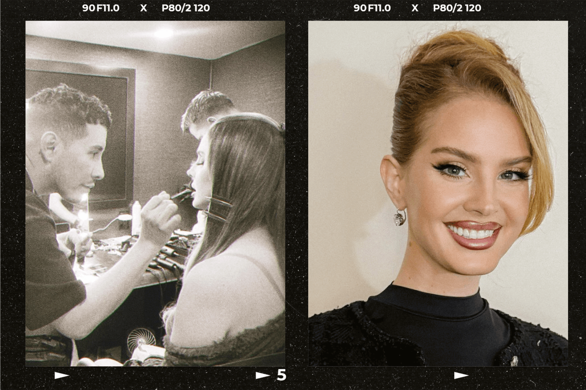 Side by side image of Etienne Ortega applying makeup to Lana Del Rey and headshot of Lana Del Rey with full makeup and updo