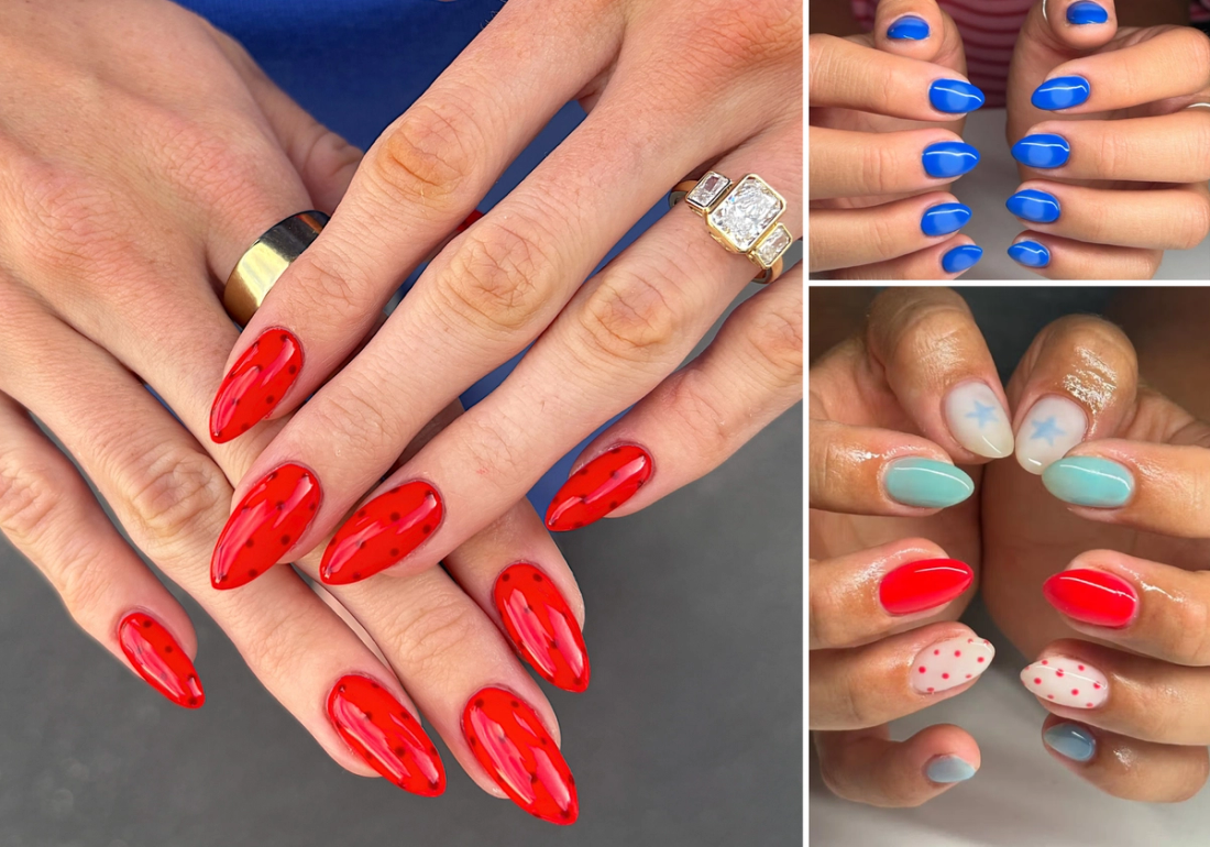 Three Fourth of July manicures: glossy red almond nails with tiny black polka dots, short solid cobalt-blue nails, and a mixed mani featuring pale-blue stars, red-and-white polka dots and mint, red and baby-blue accent nails.