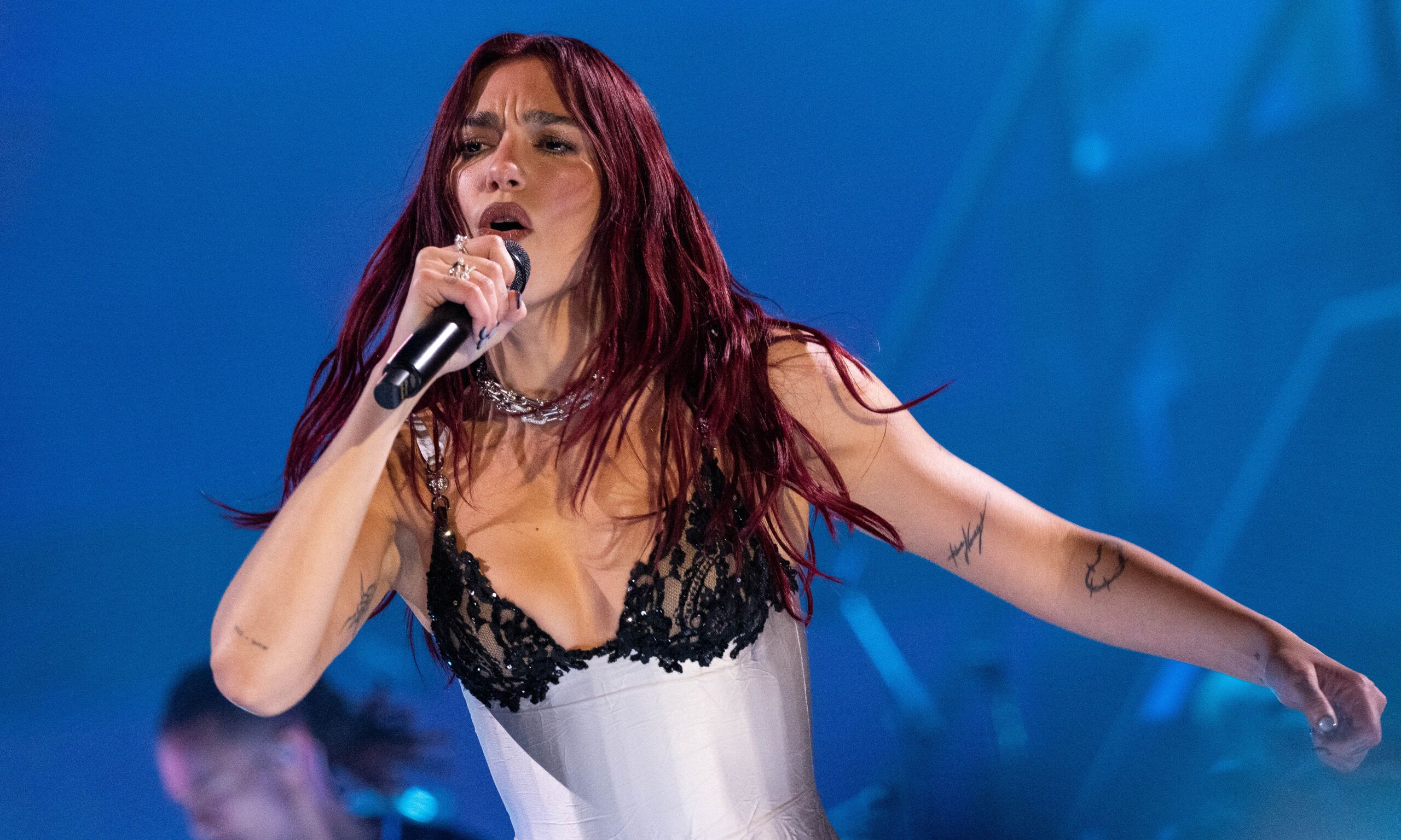 Dua Lipa headlines The Pyramid Stage during day three of Glastonbury Festival 2024