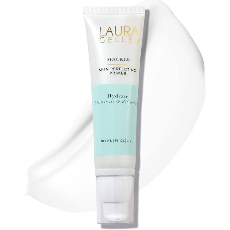 Laura Geller Spackle Skin Perfecting Primer Hydrate in a squeeze tube, shown with a smear of product to highlight its lightweight, moisturizing texture.