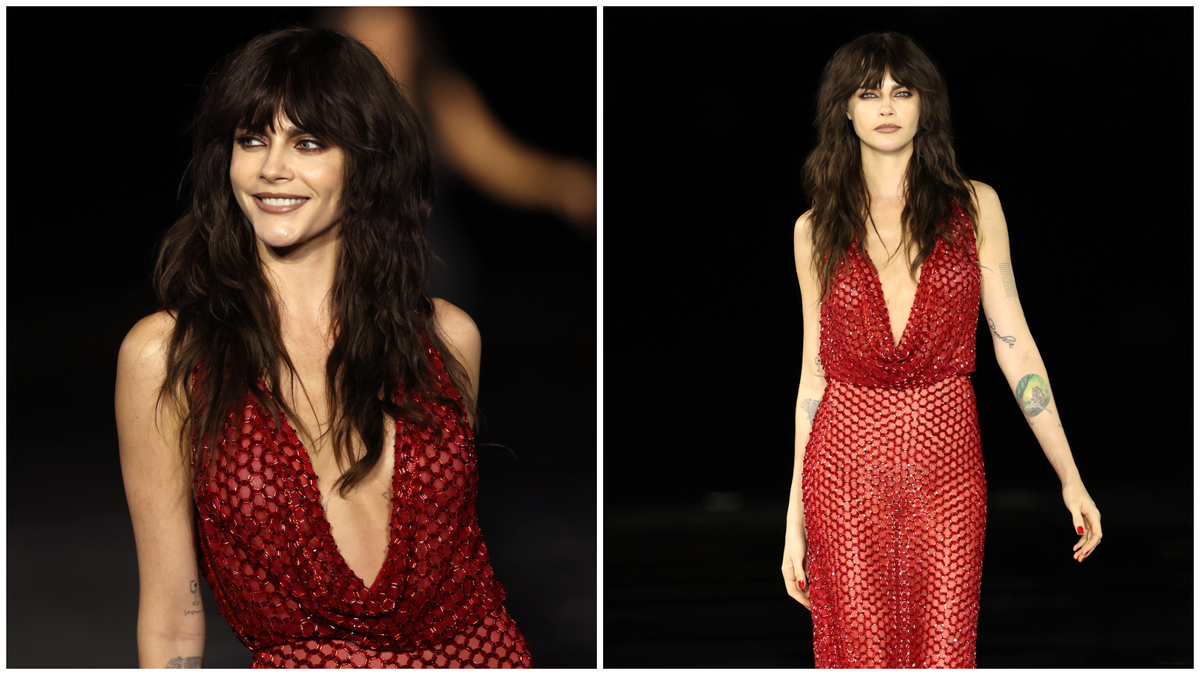 Cara Delevingne walks the runway at L'Oréal's Le Défilé in a plunging red beaded mesh gown, shown in a close-up and a full-length shot.
