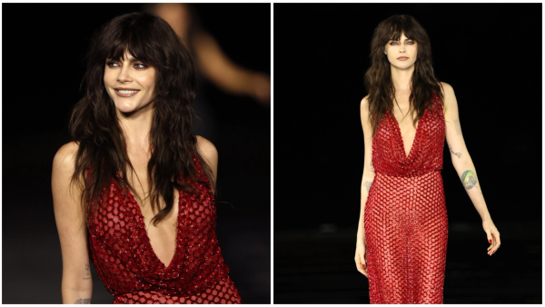 Cara Delevingne walks the runway at L'Oréal's Le Défilé in a plunging red beaded mesh gown, shown in a close-up and a full-length shot.