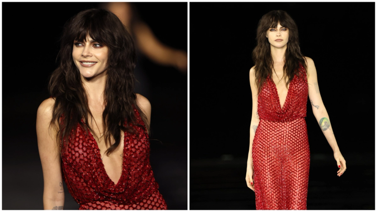 Cara Delevingne walks the runway at L'Oréal's Le Défilé in a plunging red beaded mesh gown, shown in a close-up and a full-length shot.