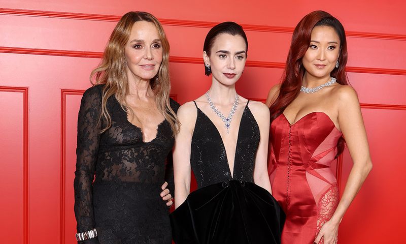 PARIS, FRANCE - DECEMBER 15: Philippine Leroy-Beaulieu, Lily Collins and Ashley Park attend the "Emily In Paris" - Season Five - Netflix Paris Premiere at Le Grand Rex on December 15, 2025 in Paris, France.