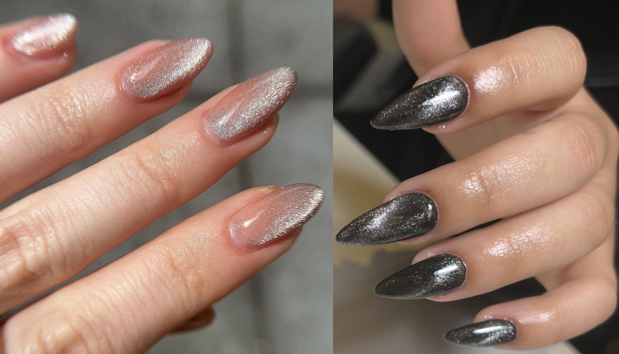 A collage of two photos side by side of women's hands, each with a cashmere nail design