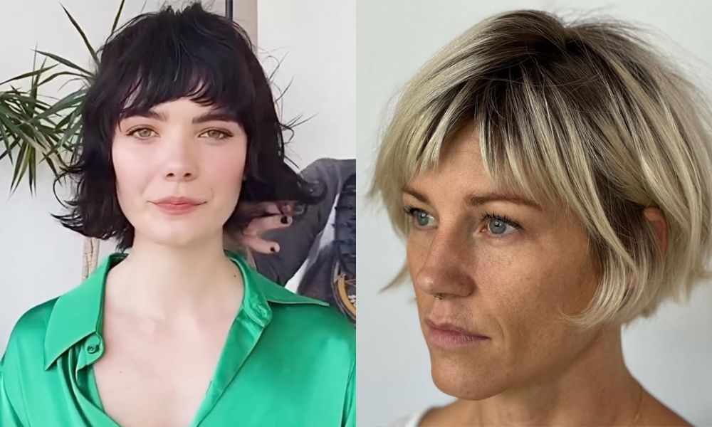 two women with brow bone bang hairstyles