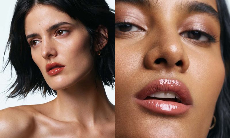 side by side images of women wearing U Beauty The PLASMA Lip Compound in Fawn
