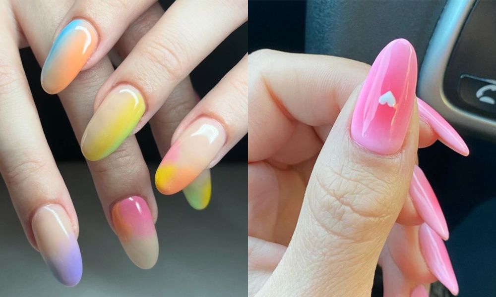 side by side image of manicured hands with airbrushed nail art